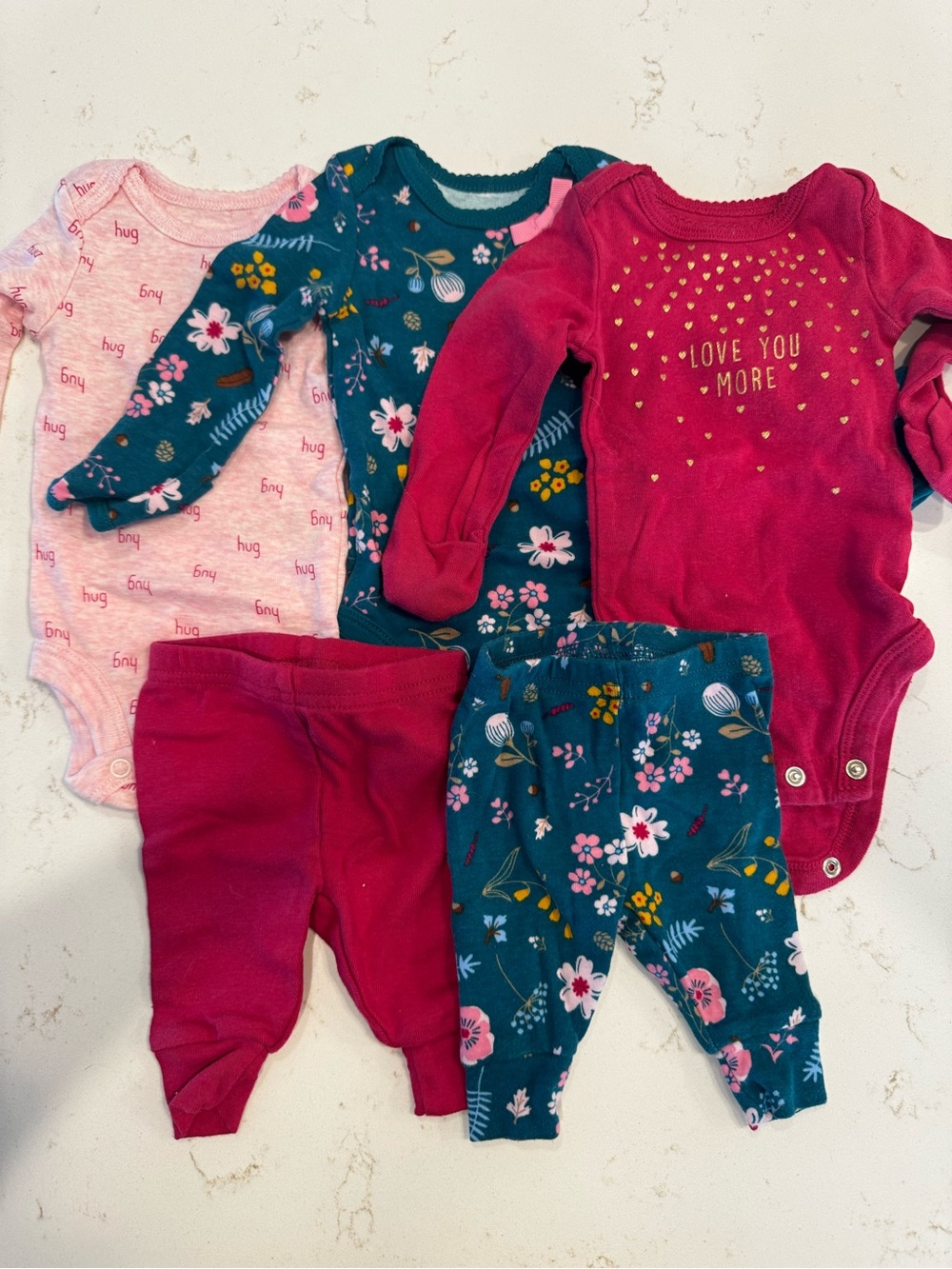 5pc Baby Girl 0-3M Bundle Floral Bodysuits Pants Pink Love You More